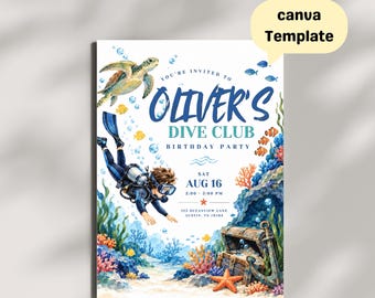 Scuba Diver Birthday Party Invitation, Dive Club Theme, Underwater Celebration, Ocean Adventure