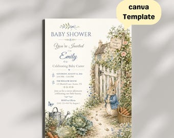 Peter Rabbit Baby Shower Invitation Template, Rustic Garden Bunny Canva Invite (Digital Download)