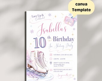 Ice Skating Birthday Girl Invitation, Winter Party Invite, Pink Watercolor Design