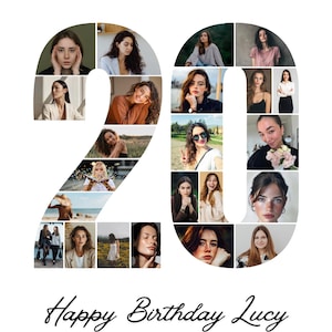 May include: A photo collage in the shape of the number 20, featuring multiple images of a person. The text "Happy Birthday Lucy" and the date "JANUARY 20th 2023" are written below the collage in a cursive font.