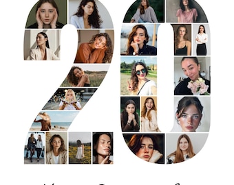 Plantilla de collage de fotos para 20.º cumpleaños, imprimible en Canva (póster de 8 x 10, descarga digital)