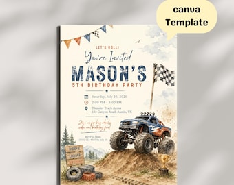 Monster Truck Birthday Invitation, Editable Canva Template (5x7 Instant Download)