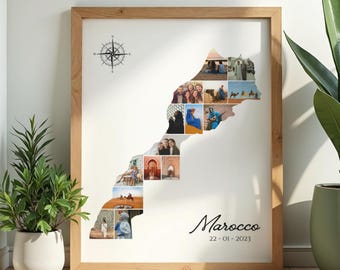 Mosaico fotográfico del mapa de Marruecos, recuerdo de viaje personalizado, lámina para pared, regalo para viajeros.