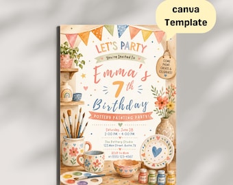 Pottery Painting Birthday Invitation Editable Canva Template | Watercolor Kids Pottery Party Invite