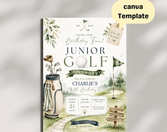Junior Golf Birthday Invitation Editable Canva Template Watercolor Kids Golf Party Invite