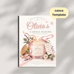 Op de afbeelding: Een verjaardagsfeest uitnodigingssjabloon met een brandende kaars in een glazen pot, versierd met lavendel en madeliefjes. De tekst luidt: Olivia's Candle Making Birthday Party, Sat Aug 16, 2:00-5:00 PM, 123 Blossom Lane, Austin, TX 78704, Let's Make Scents and Memories!, RSVP to Emma at 555-123-4567 by Aug 1.