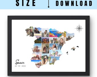 Spain Map Photo Collage Wall Art Travel Memory Gift Personalized Europe Vacation Keepsake Print