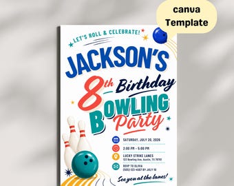 Bowling Birthday Party Invitation, Kids Celebration, Personalized Invite, Colorful Lane Theme