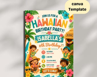 Hawaiian Birthday Invitation for Kids, Tropical Luau, Aloha Party, Colorful Beach Theme