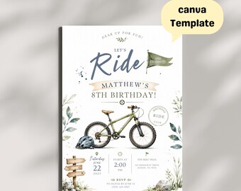 Bike Birthday Invitation for Kids, Mountain Cycle Party, Watercolor Trail Theme, Editable Template