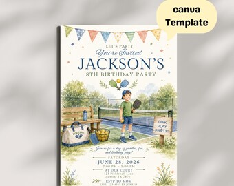 Pickleball Birthday Invitation Template | Kids Watercolor Sports Party Invite (Canva)