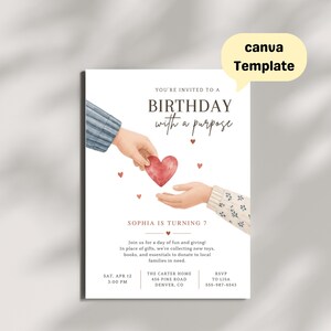 Puede incluir: Una tarjeta de invitación de cumpleaños con ilustraciones en acuarela de dos manos pasando un corazón rojo. El texto dice: You're invited to a birthday with a purpose, Sophia is turning 7, join us for a day of fun and giving, y detalles del evento.