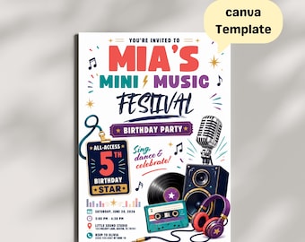 Music Festival Birthday Invitation, Kids Concert Party, Personalized Invite, Colorful Printable