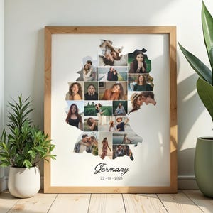 May include: A framed print featuring a collage of photos arranged in the shape of Germany. The photos are of various people. The word "Germany" and the date "22-01-2025" are printed at the bottom of the print. The frame is made of light-colored wood.