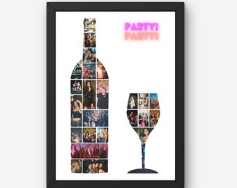 Collage de vino "Recuerdos de fiesta", silueta de botella y copa, decoración personalizada, regalo de inauguración de casa