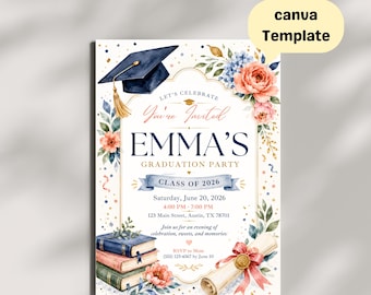 Floral Graduation Invitation, Class of 2026 Party Card, Editable Template (Digital Download)