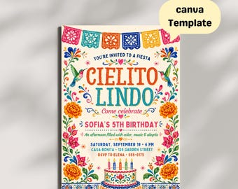 Cielito Lindo Fiesta Birthday Invitation, Mexican papel picado design boho floral, hummingbird art