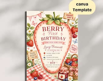 Strawberry First Birthday Invitation, botanical fruit art, editable Canva template