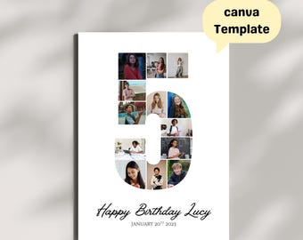 5th Birthday Photo Collage Card Template (Canva Digital Download)