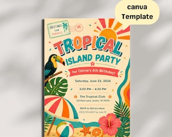 Tropical Birthday Invitation for Kids, Island Party, Toucan Theme, Personalized Invite