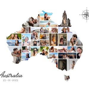May include: A photo collage in the shape of Australia, filled with various images. A compass rose is in the upper right corner. The word "Australia" is written in cursive, with the date "23-01-2023" below.
