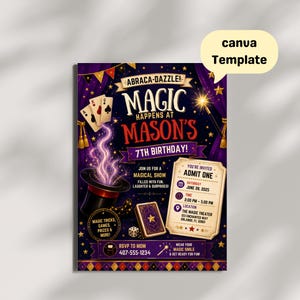 Puede incluir: Una plantilla de invitación de cumpleaños rectangular con temática mágica, que incluye un sombrero de copa, naipes y un gráfico de boleto. El texto dice Abraca-Dazzle! Magic Happens at Mason's 7th Birthday! con detalles del evento.