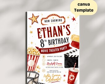 Movie Theater Birthday Invitation, Cinema Party Invite, Popcorn Theme, Kids Celebration