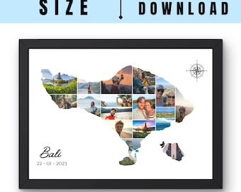 Bali Map Photo Collage Wall Art Travel Memory Gift Personalized Indonesia Vacation Keepsake Print