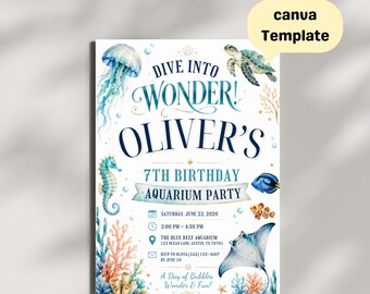 Aquarium Birthday Invitation for Kids, Underwater Party, Ocean Animals, Editable Template