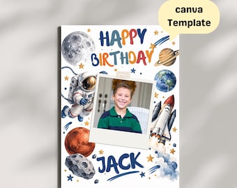 Space Astronaut Birthday Card for Boys, Son Birthday, Personalized Photo, Rocket Theme