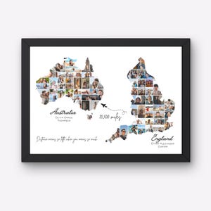 May include: A framed photo collage featuring the shapes of Australia and England, filled with numerous small photos. The text reads "Australia" and "England" with names below. The distance is marked as 10,500 miles. The quote "Distance means so little when you mean so much" is also included.