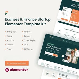 Puede incluir: Imagen de marketing digital que muestra un kit de plantillas Elementor para empresas y startups financieras. El diseño presenta maquetas de sitios web con temas de planificación financiera y software de contabilidad. La combinación de colores incluye verde azulado, naranja y blanco.