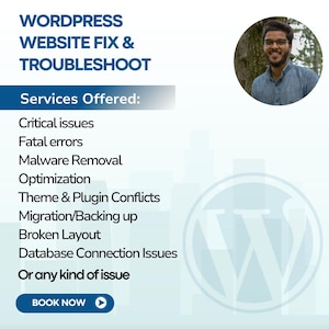 Könnte beinhalten: Werbegrafik für WordPress Website-Reparatur- und Fehlerbehebungsservices. Der Text enthält "Kritische Probleme", "Schwere Fehler", "Malware-Entfernung" und "Jetzt buchen". Eine Person in einem blauen Hemd und einer Brille ist in einem kreisförmigen Foto.