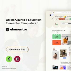 Pode incluir: Um kit de modelos de sites para cursos online e educação, com um design limpo e moderno. O kit de modelos Elementor inclui vários layouts de página com imagens e texto, promovendo a aprendizagem e o avanço na carreira. O design inclui o texto "Deepen your learning abilities, and succeed in your careers."