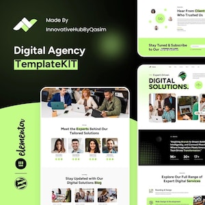 Pode incluir: Um kit de modelos de agência digital com um design moderno. O design apresenta um esquema de cores verde e preto com seções para projetos, informações de contato e depoimentos de clientes. O texto inclui "Digital Agency TemplateKIT" e "Expert-Driven Digital Solutions."