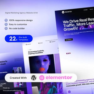 May include: Digital Marketing Agency Website UI Kit with a blue and white gradient background. The kit includes 100% responsive design, easy customization, and a no-code builder. The kit includes 22+ pre-built templates. The website showcases the text "We Drive Real Results - More Traffic, More Leads, More Growth!"