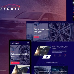 May include: A website design for AUTOKIT, featuring a car and website mockups on a dark blue background. The design includes the text "Get a smart car like you" and "A New Way To Buy Car Safely."