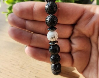 Bracelet homme noir mat - Bracelet extensible fait main en onyx ou pierre de lave, 10 mm