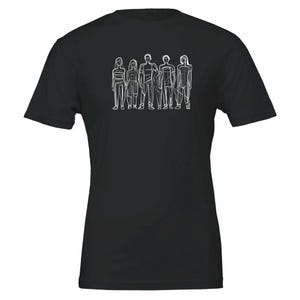 May include: Black t-shirt featuring a white line drawing of five stylized figures. The figures are depicted in a simple, minimalist style, suggesting a modern or artistic design. The shirt is a classic crew neck.