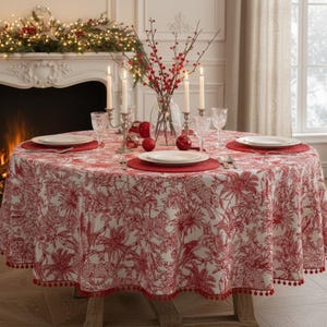 Red Toile Cotton Tablecloth – Pom Pom Trim, French Country Dining