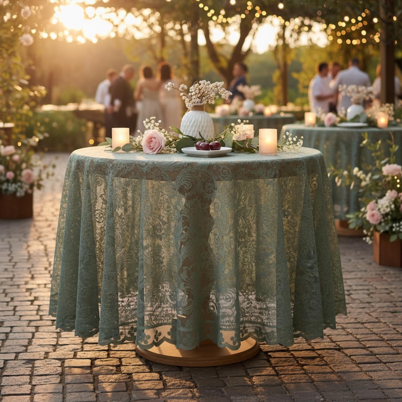 Puede incluir: Una mesa redonda cubierta con un mantel de encaje verde salvia, preparada para un evento al aire libre. La mesa est&aacute; adornada con flores, velas y un plato peque&ntilde;o con cerezas. El fondo presenta otras mesas y personas.