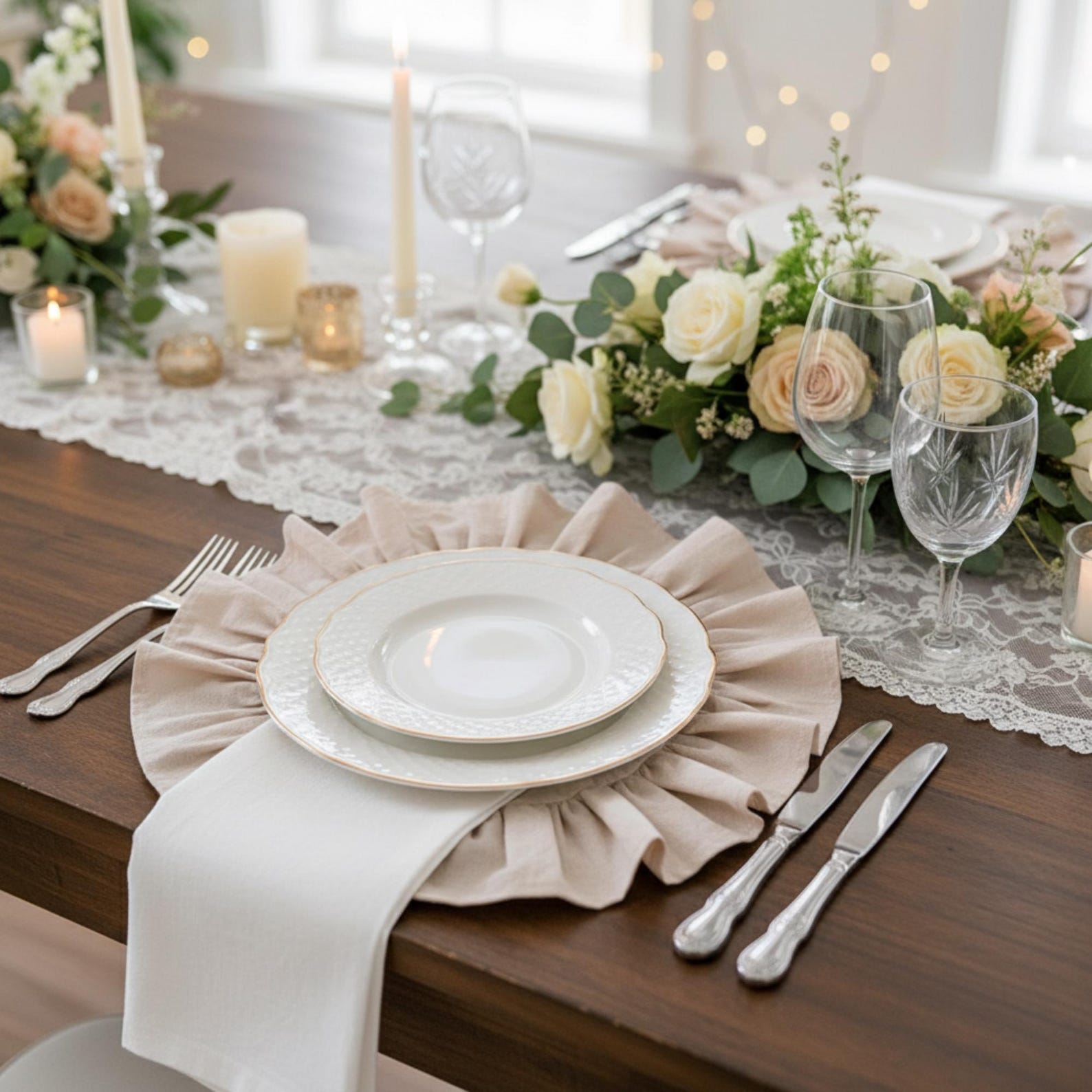 Ruffle Linen Placemats 4 pc Set, Romantic Table Setting Decor, Wedding Table Placemats, Cottagecore Table Decor - Beige, 6Pcs Round 38cm