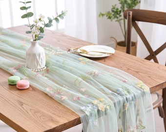 Romantic Floral Embroidered Tulle Table Runner – Soft Blush & Blue Pink Blue Wedding table decor