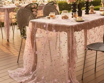 Camino de mesa de tul bordado floral – Decoración de mesa rosa transparente, mantel para bodas, decoración romántica para fiestas en el jardín