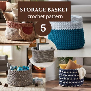 May include: A collection of five handmade crochet storage baskets in various colors and designs. The image includes baskets in gray, blue, and navy, with some featuring decorative elements. Text on the image reads "STORAGE BASKET crochet pattern 5".