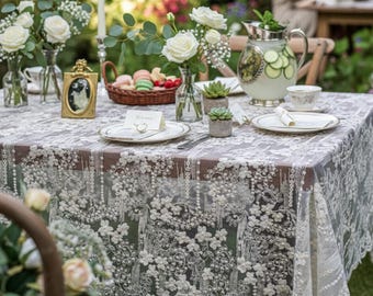 Tovaglia in pizzo con ricami floreali, trasparente, ideale per decorare tavoli da giardino in stile vintage, matrimoni e pranzi all'aperto.
