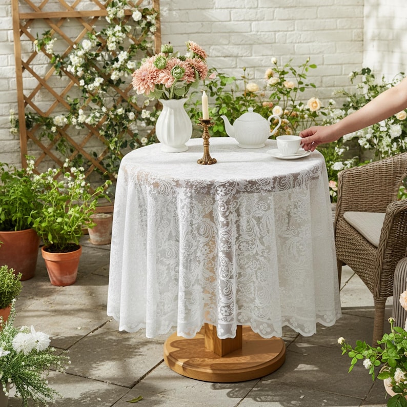 Puede incluir: Una mesa redonda al aire libre con un mantel de encaje blanco, una tetera y un jarr&oacute;n con flores. Una mano alcanza una taza de t&eacute;. La mesa est&aacute; sobre una base de madera, rodeada de plantas y una pared de ladrillos.