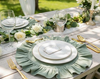 Juego de 4 manteles individuales de lino con volantes, decoración romántica para la mesa, manteles individuales para bodas, decoración de mesa estilo cottagecore.