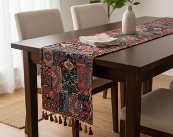 Kilim Table Runner with Tassels Boho Woven Dining Decor Southwest Dining Table Cover Woven Tapestry Textile Rustic Décor
