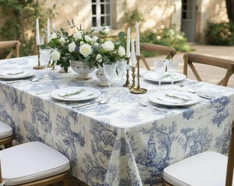 Mantel de toile francés – Mantel estampado vintage azul, decoración de comedor estilo rústico, mantelería para bodas francesas